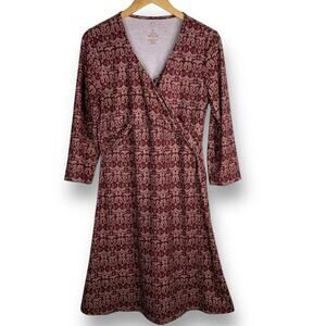 Prana Twist Front Faux Wrap Dress Ikat Print 3/4 Sleeve Stretch Size Large